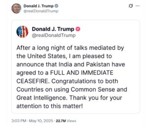 Трамп заявив, що Індія та Пакистан погодилися на припинення вогню