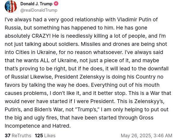 Трамп щодо путіна: «Він абсолютно збожеволів»