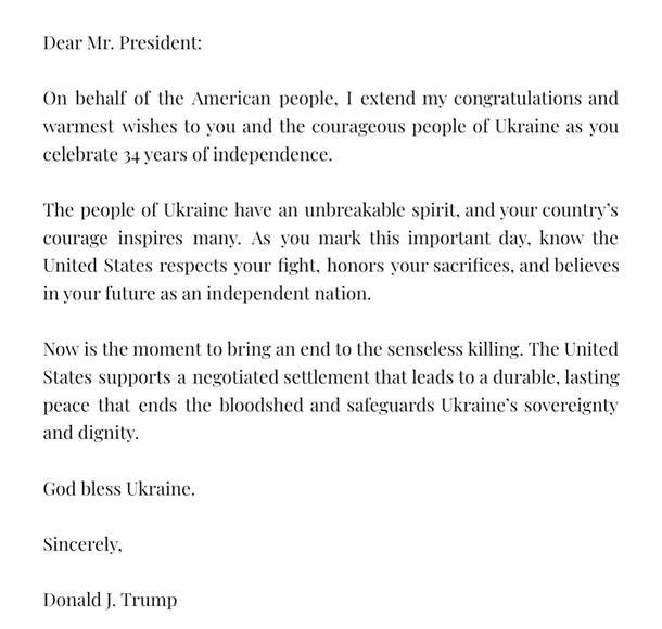 Трамп надіслав привітання Україні з нагоди Дня Незалежності