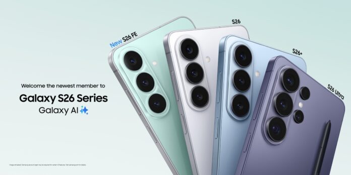 Samsung Galaxy S26 FE поруч із моделями Galaxy S26, S26+ і S26 Ultra на офіційному зображенні