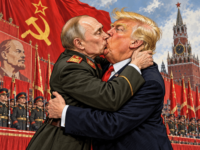 Трамп і путін у «братніх обіймах»: політична карикатура за мотивами знаменитого поцілунку радянських генсеків. Ілюстрація: ШІ / «Ірта-fax».